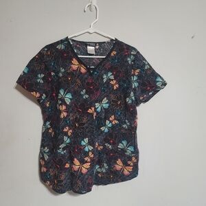 Cherokee Black V-Neck Scrub Top with Multicolor Butterfly Print XL